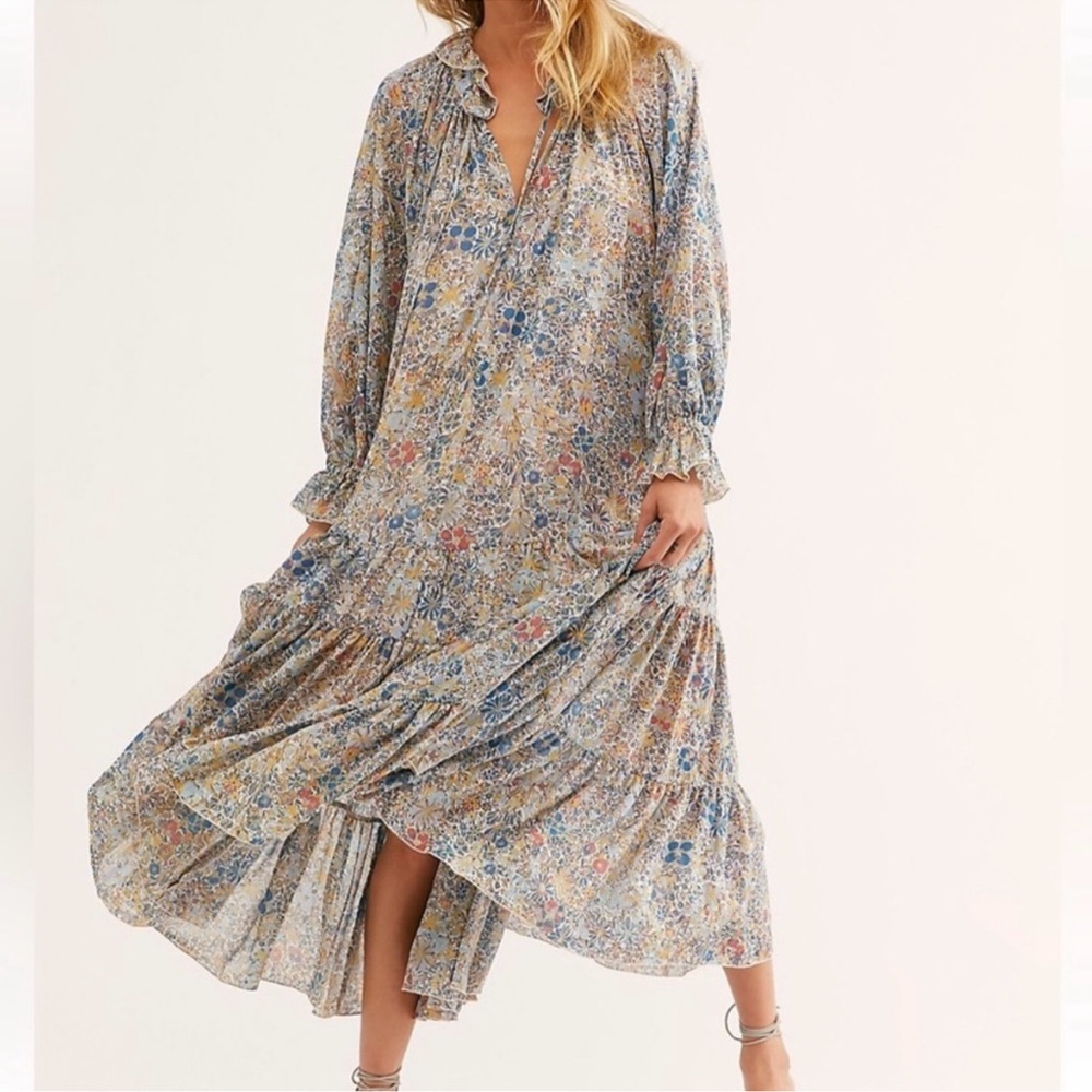 Free People Floral Tiered Maxi Dress in Blue and Cream
